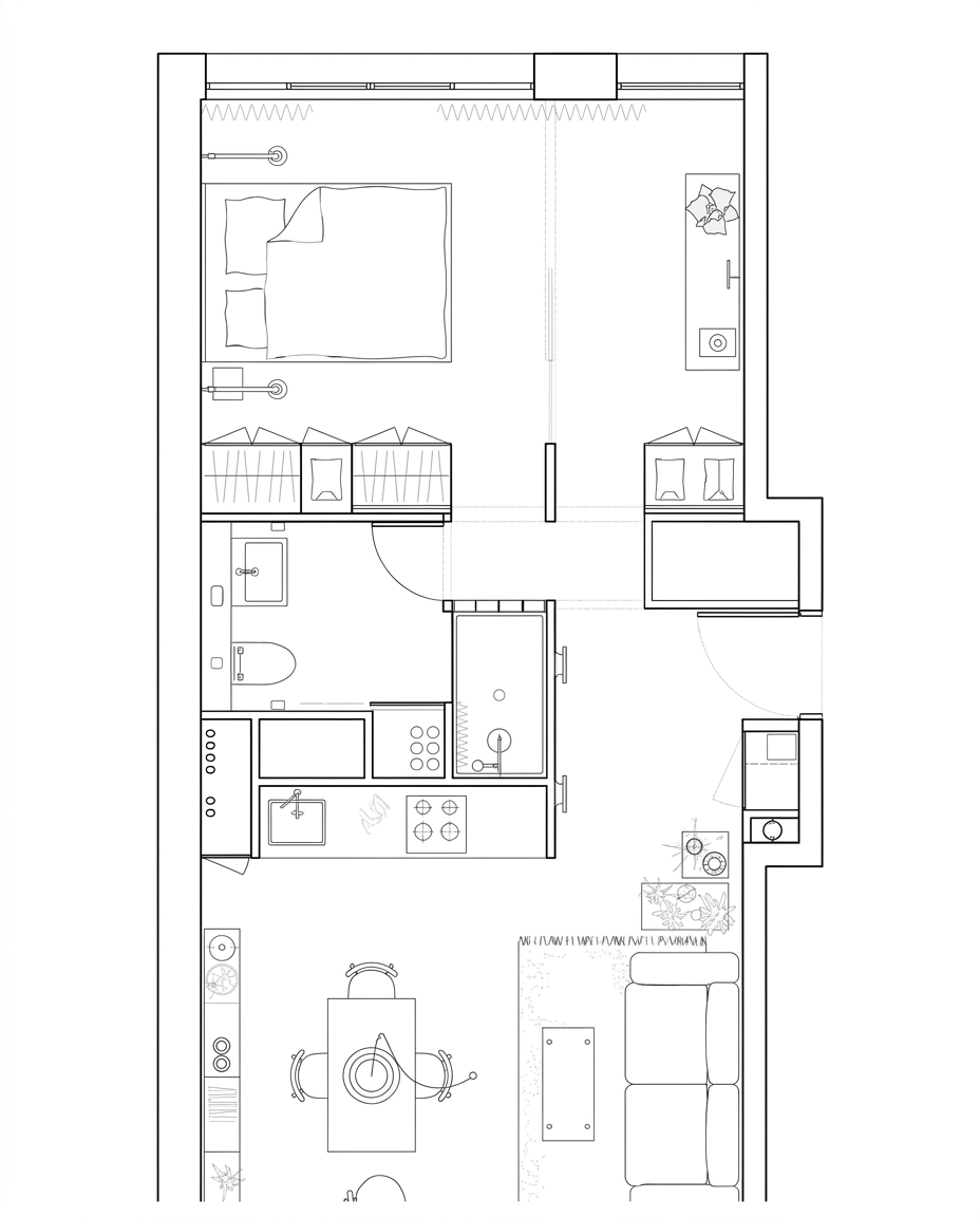Black-and-white CAD residential floor plan line drawing